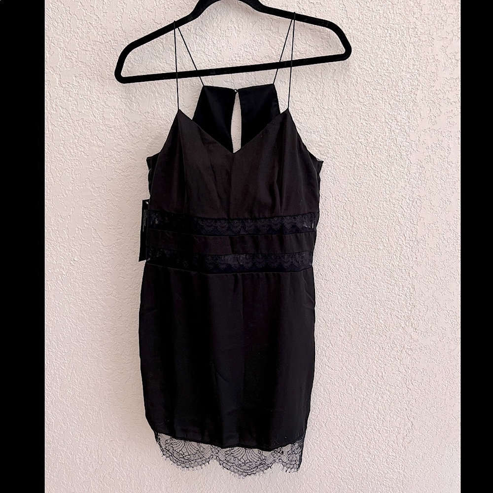 Black Mini Dress with Lace and Mesh Inserts